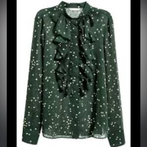 H&M Plumeti Blouse Dark Green with White Polka Dots Ruffle Ling Sleeve 12